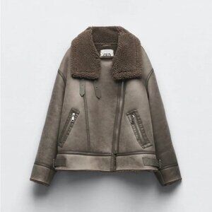 ZARA Shearling Fur Double-Faced Biker Jacket - New - Size L